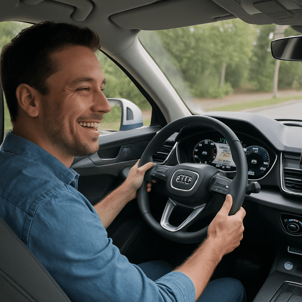 Ein glücklicher Fahrer sitzt lächelnd am Lenkrad eines Audi Q5 und betrachtet das Virtual Cockpit