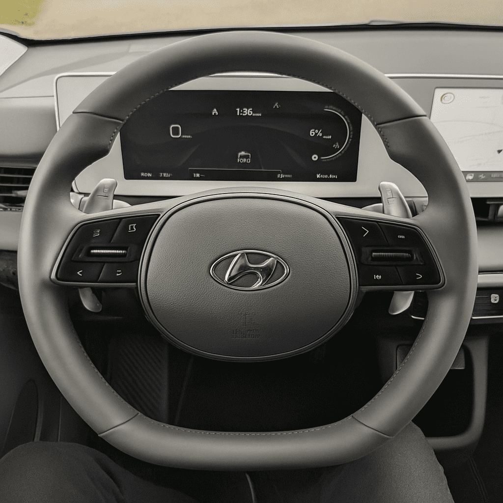 Fahrerperspektive auf das Lenkrad des Hyundai Ioniq 5, auf dem deutlich die Rekuperations-Schaltwippen zu erkennen sind