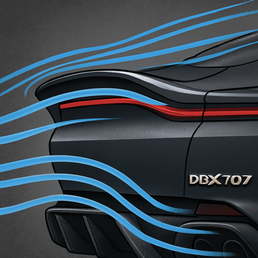 Nahaufnahme des Heckspoilers und Diffusors des DBX707, die den Luftstrom veranschaulichen.