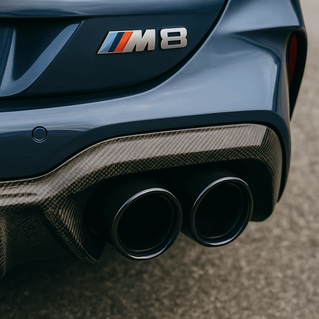 Nahaufnahme des BMW M8 Auspuffs und des Carbon-Diffusors