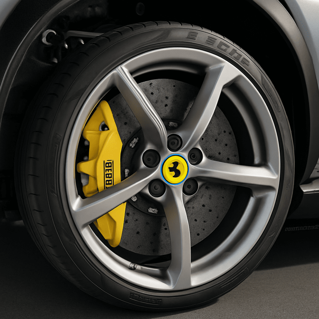 Detailaufnahme des Fahrwerks und der riesigen Carbon-Keramik-Bremsen des Purosangue