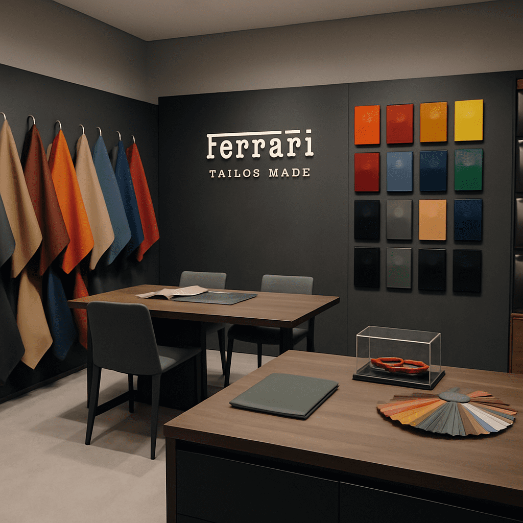 Ein Blick in ein Ferrari Tailor Made Studio mit verschiedenen Leder- und Lackmustern