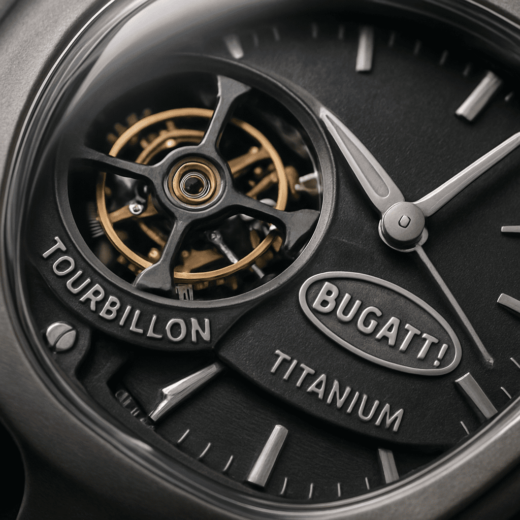 Detailaufnahme des uhrmacherischen Instrumenten-Clusters aus Titan und Saphirglas im Bugatti Tourbillon