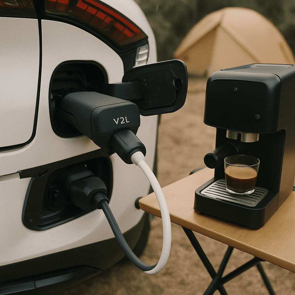 Ein V2L-Adapter, der an den Ladeanschluss des EV6 angeschlossen ist und eine kleine Espressomaschine betreibt.