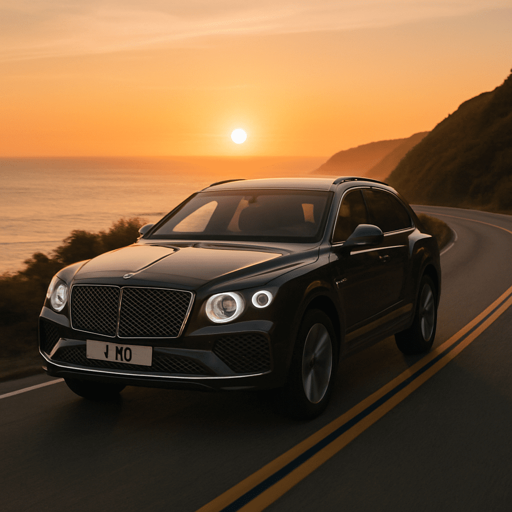 Ein eleganter Bentley Bentayga fährt auf einer malerischen Küstenstraße im Sonnenuntergang