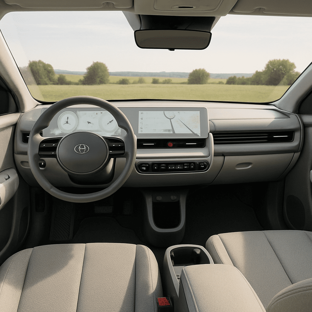 Der geräumige, helle Innenraum des Hyundai Ioniq 5 mit Fokus auf das Armaturenbrett, Lenkrad und die nachhaltigen Materialien