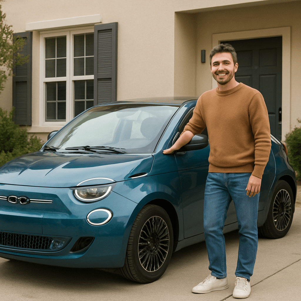 Glücklicher Besitzer eines Fiat 500e, der sein Auto vor dem Haus parkt