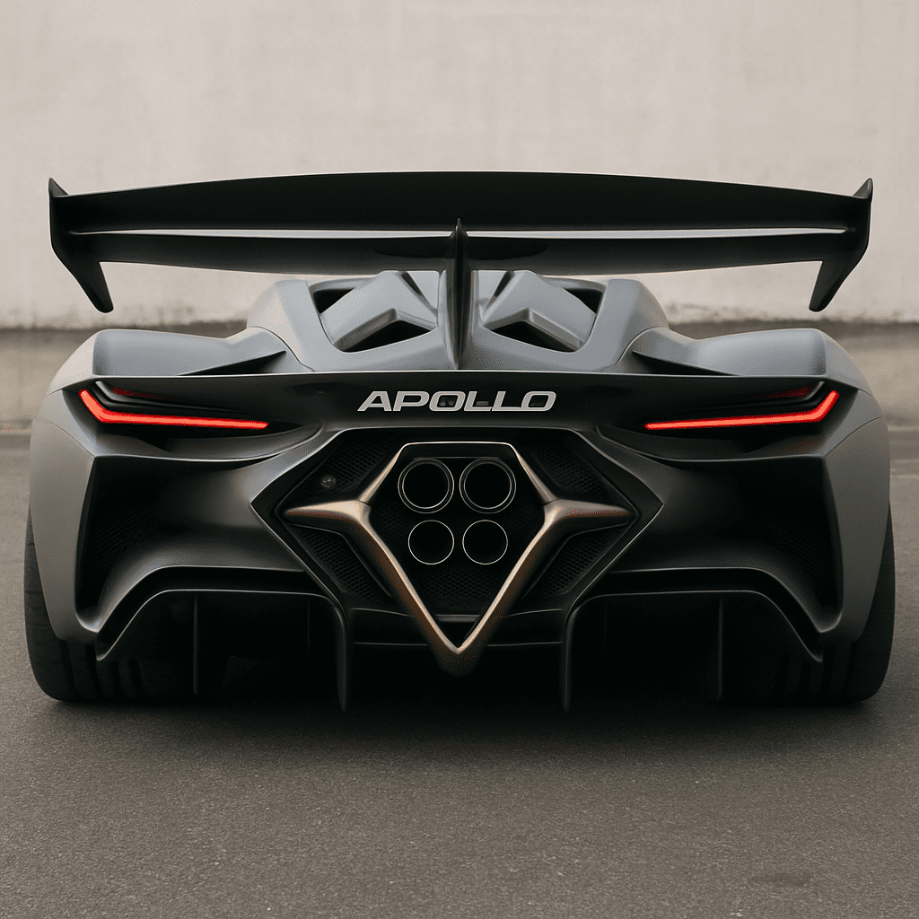 Heckansicht des Apollo Project EVO mit Fokus auf das einzigartige Auspuffsystem