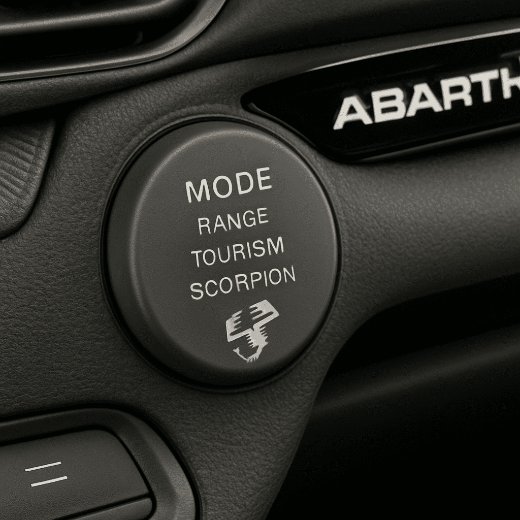 Detailaufnahme der Fahrmodus-Auswahl im Innenraum des Abarth 500e