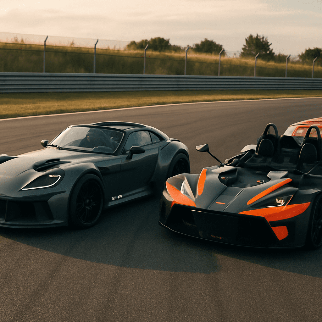 Ein Donkervoort F22 und ein KTM X-Bow nebeneinander auf einer Rennstrecke