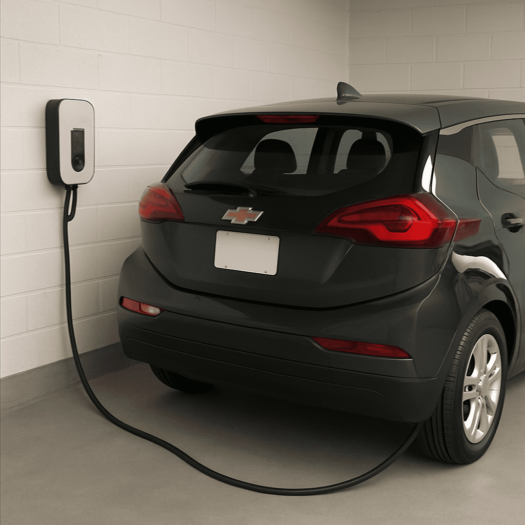 Eine moderne Level 2 Wallbox in einer sauberen Garage, an die ein Chevrolet Bolt angeschlossen ist