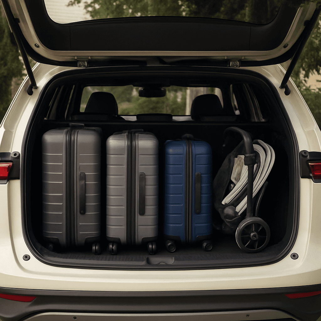 A photo showing the trunk of the Terramar open with three large suitcases and a stroller neatly packed, demonstrating real-world capacity.