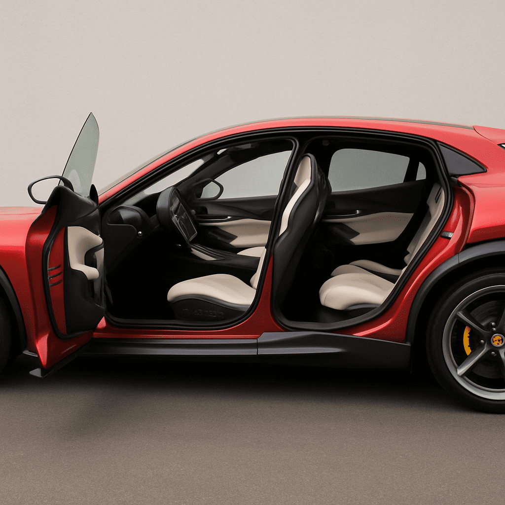 Geöffnete, gegenläufige Türen des Ferrari Purosangue, die den luxuriösen Viersitzer-Innenraum und das Dual-Cockpit enthüllen