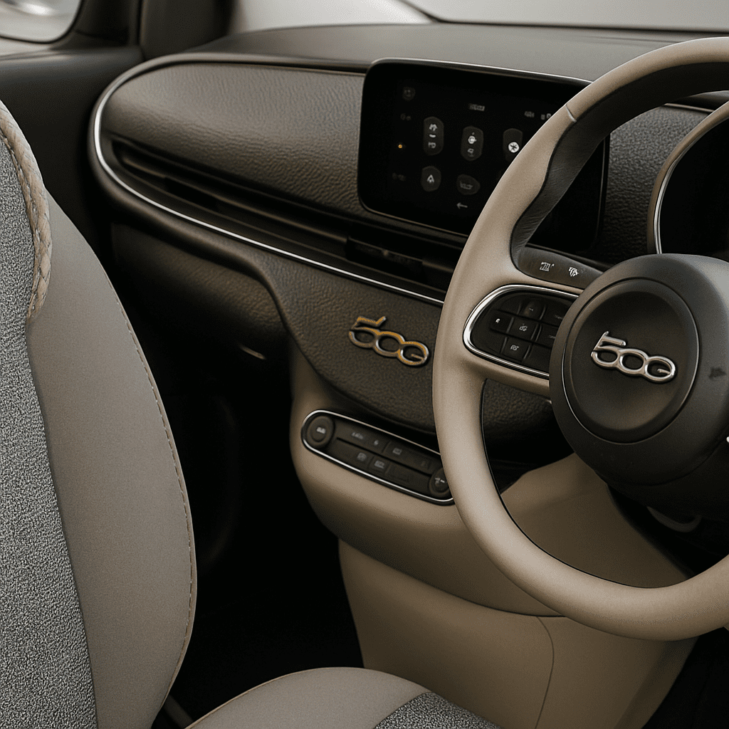 Detailaufnahme des nachhaltigen Interieurs und des Armaturenbretts im Fiat 500e