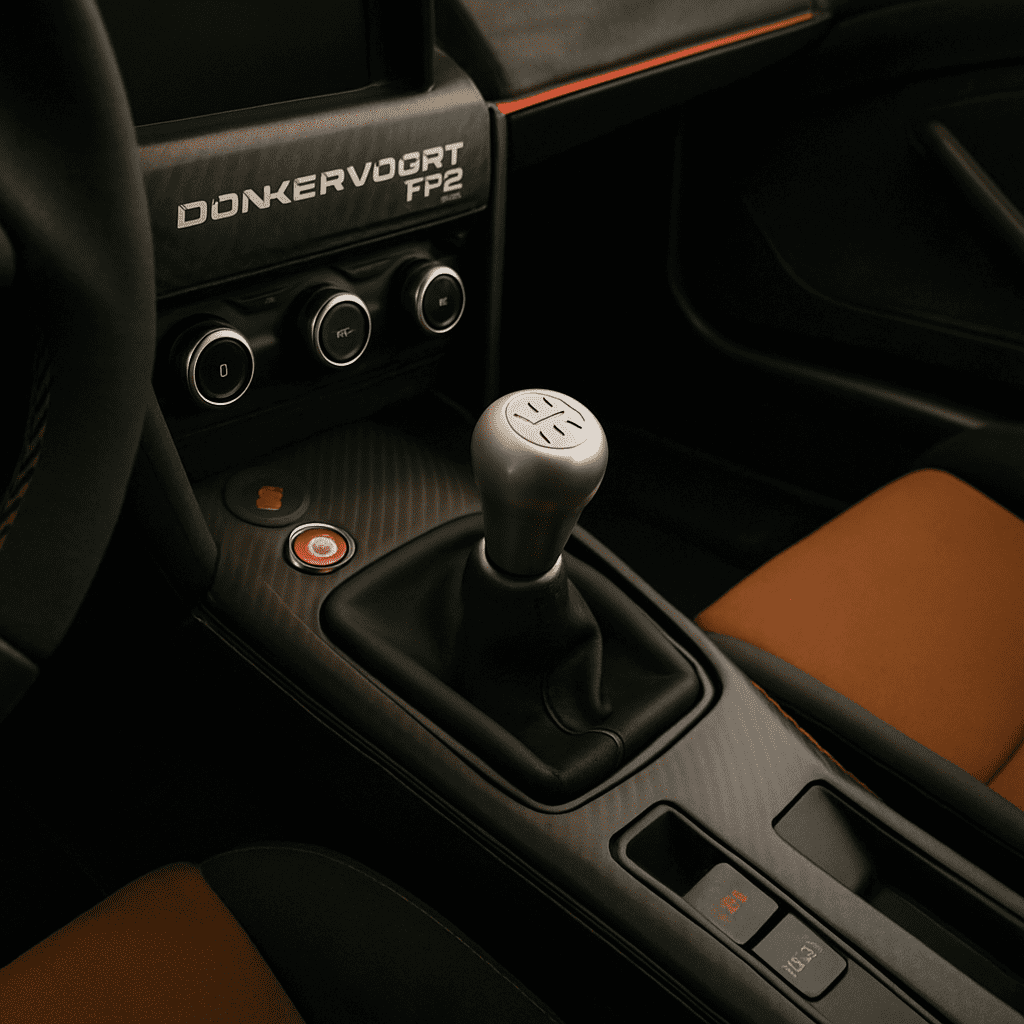 Innenraum des Donkervoort F22 mit Fokus auf den Schaltknüppel des manuellen 5-Gang-Getriebes