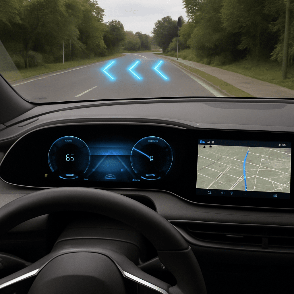 Die Fahrersicht auf das Armaturenbrett mit den gebogenen Bildschirmen und dem Augmented-Reality-Head-Up-Display.