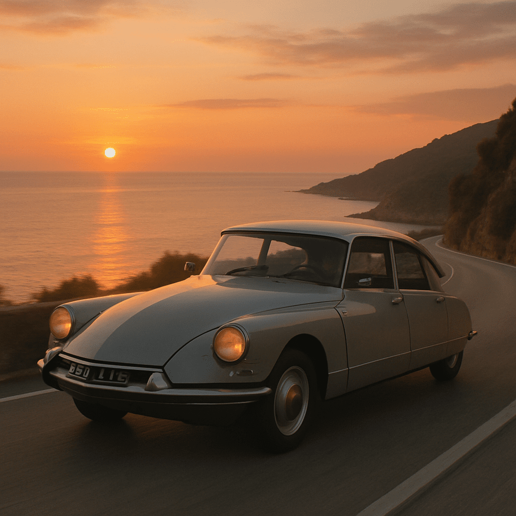 Ein klassischer Citroën DS fährt auf einer malerischen Küstenstraße bei Sonnenuntergang