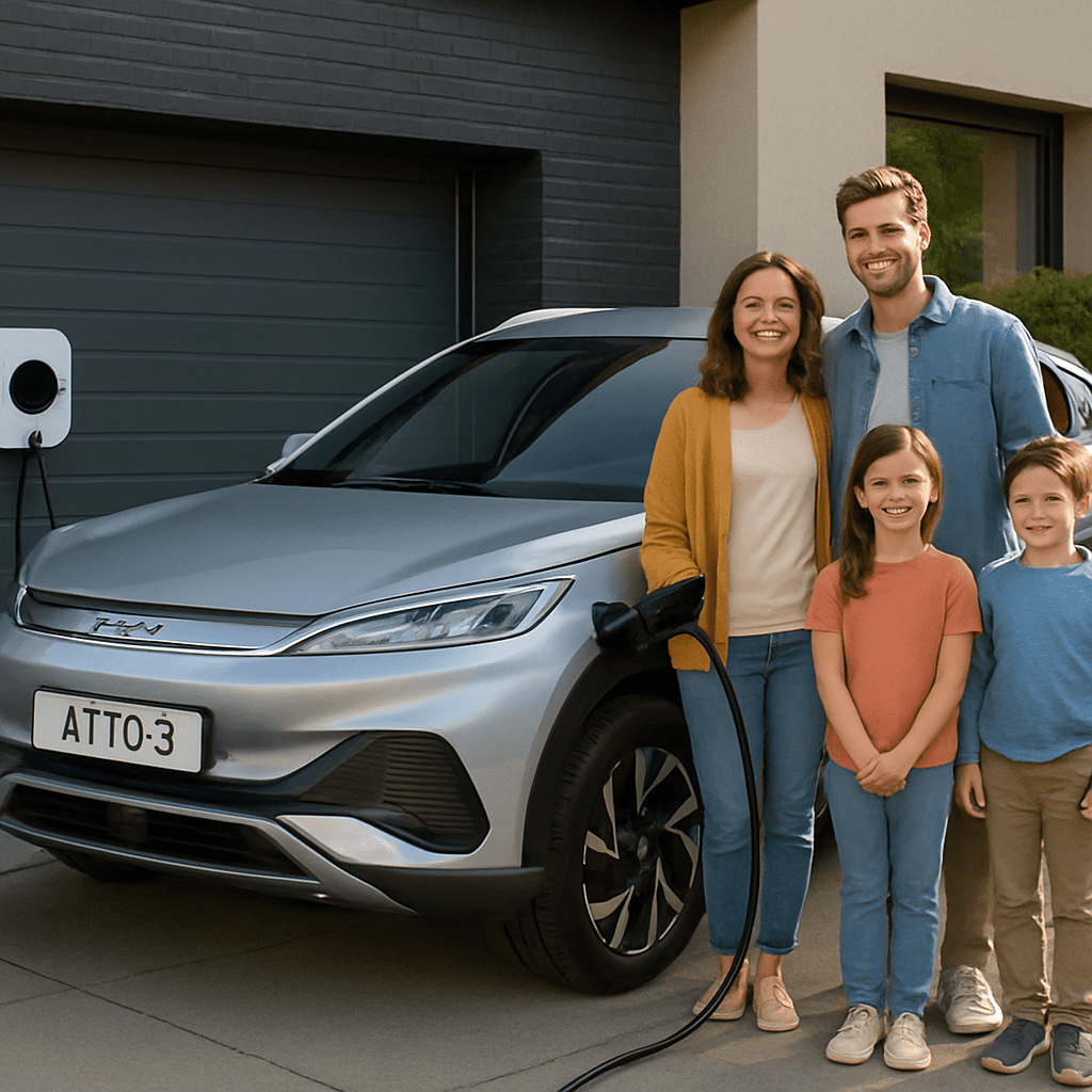 Eine Familie steht lächelnd neben ihrem ladenden BYD Atto 3