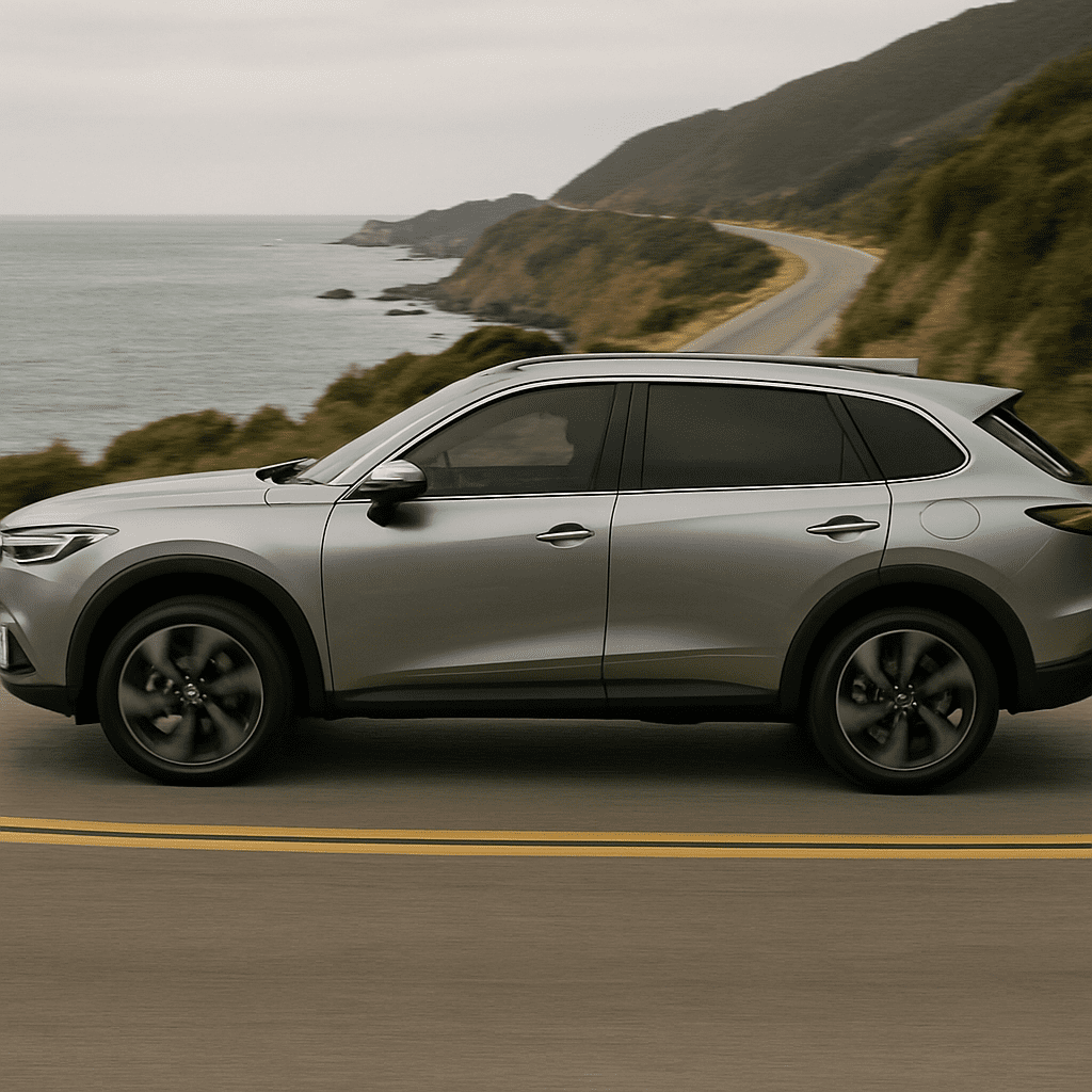 A side-profile view of the Terramar driving on a winding coastal road, emphasizing its balanced stance and suspension movement.