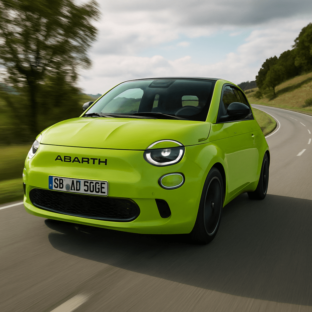 Dynamische Frontansicht des Abarth 500e in Acid Green auf einer kurvigen Landstraße
