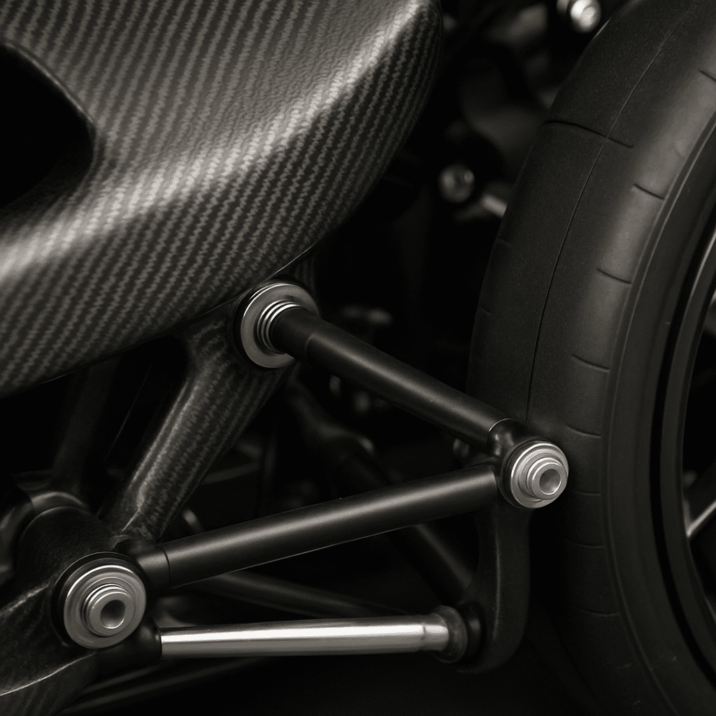 Nahaufnahme der Carbon-Struktur und der Radaufhängung des Hypercars