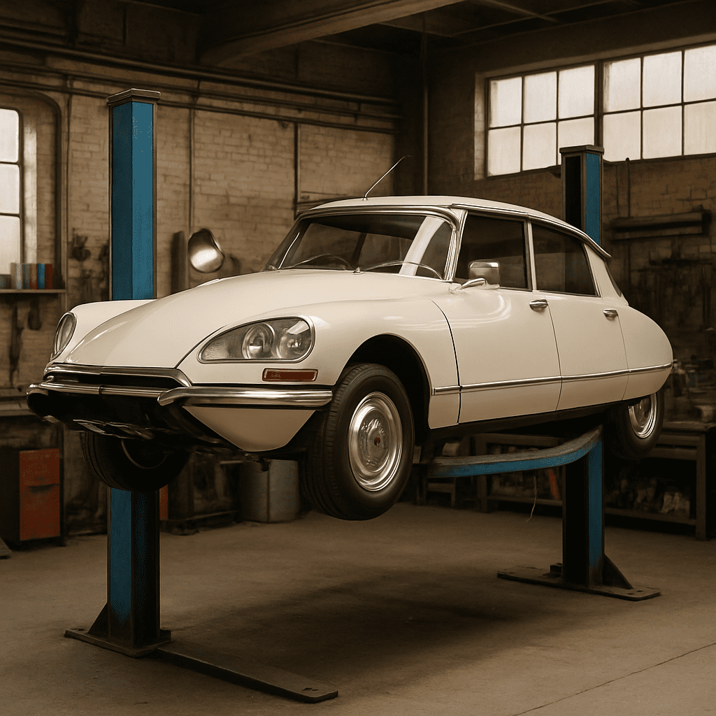 Ein fachgerecht restaurierter Citroën DS auf einer Hebebühne in einer Oldtimer-Werkstatt