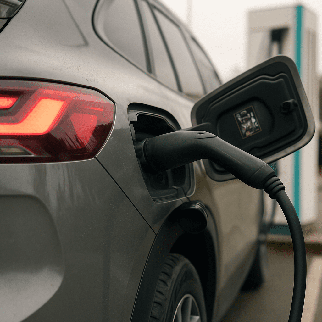 Detailaufnahme des Ladeanschlusses eines Elektro-SUVs an einer Schnellladestation