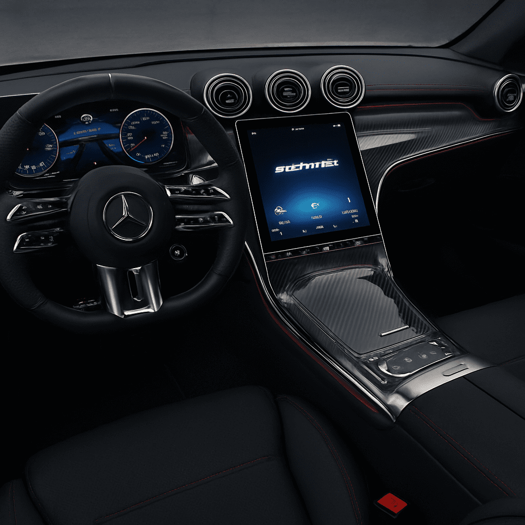 Das luxuriöse, sportliche Interieur des AMG GLC mit leuchtenden MBUX Displays und Carbon-Elementen