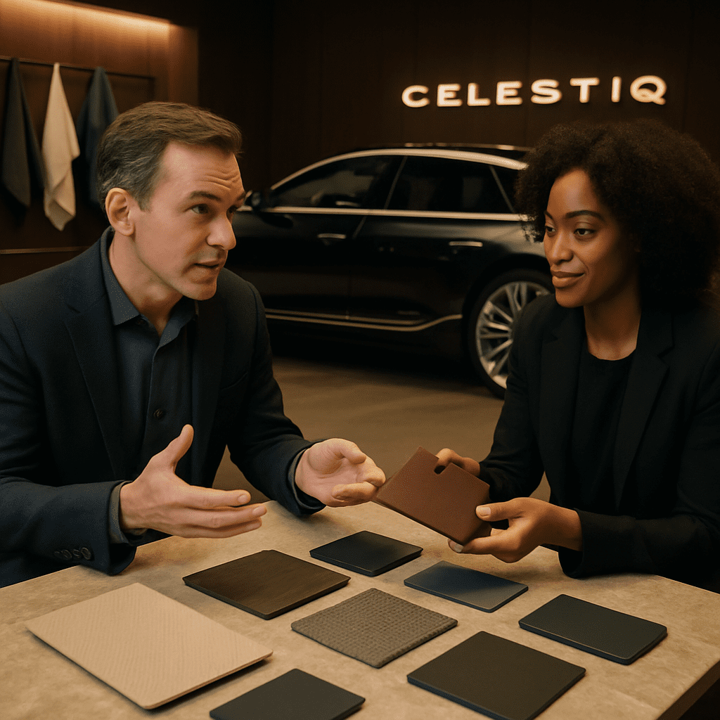 Kunde und Designer besprechen Materialproben für den Cadillac Celestiq in einem luxuriösen Studio