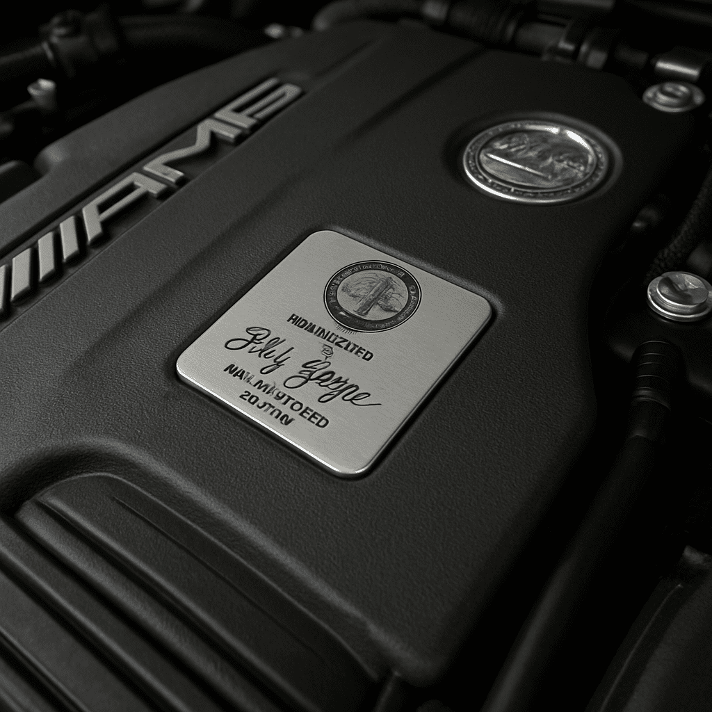 Detailaufnahme des Motors mit der AMG-Plakette und der Unterschrift des verantwortlichen Mechanikers