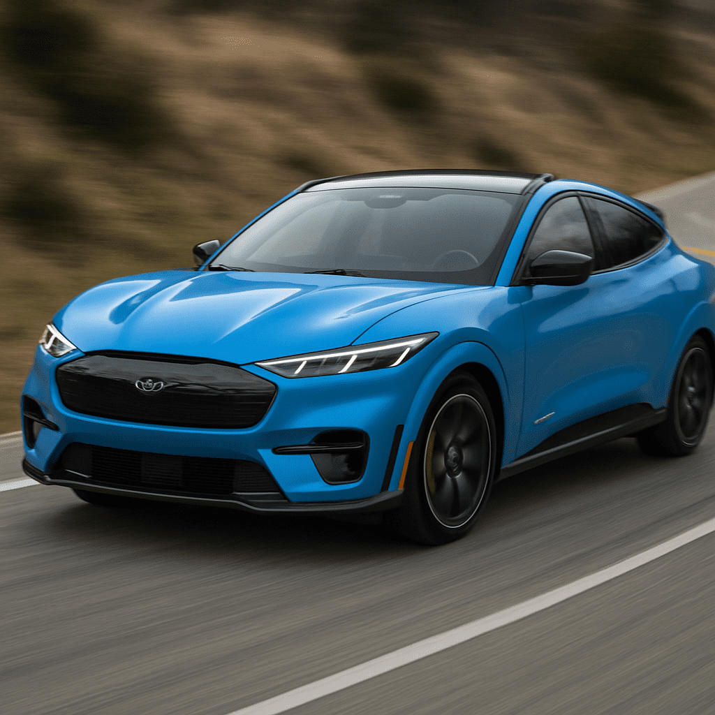 Dynamische Aufnahme eines blauen Mustang Mach-E GT, der aus einer Kurve herausbeschleunigt