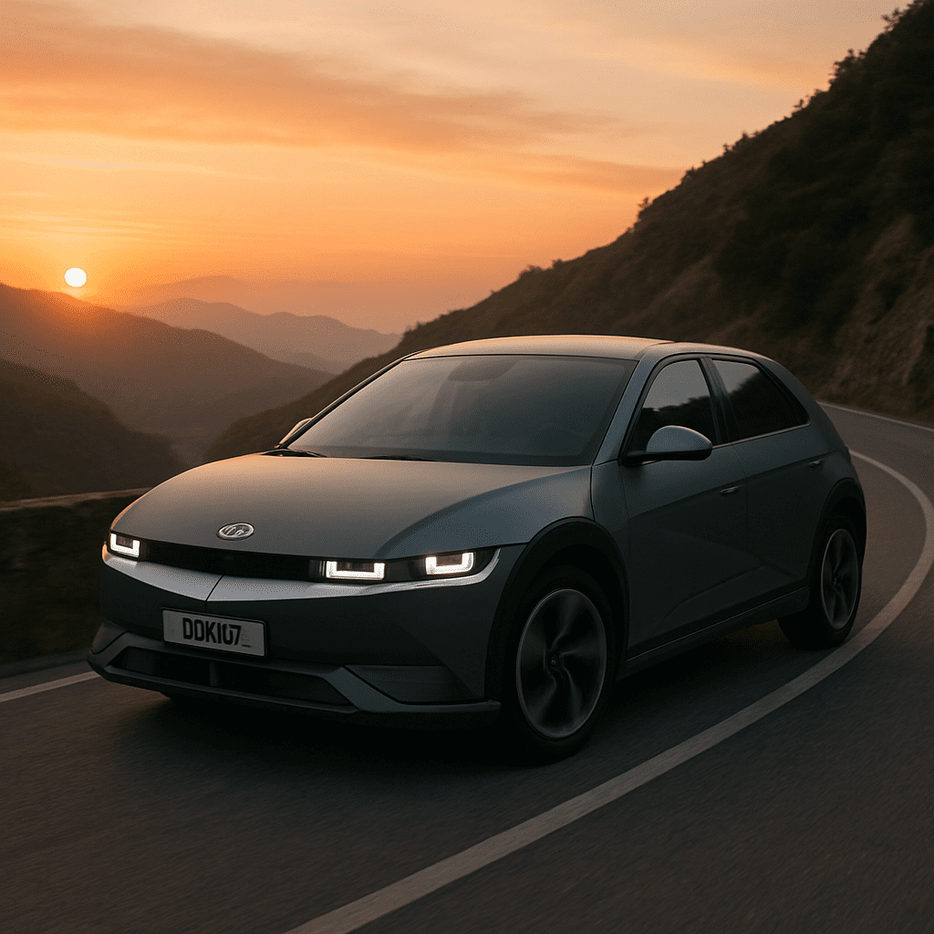 Ein futuristischer Hyundai Ioniq 5 in mattem Grau auf einer kurvigen Bergstraße im Sonnenuntergang
