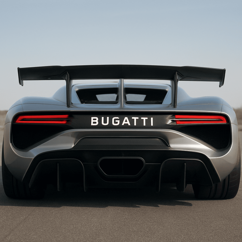 Heckansicht des Bugatti Tourbillon mit ausgefahrenem aktivem Heckflügel und Diffusor