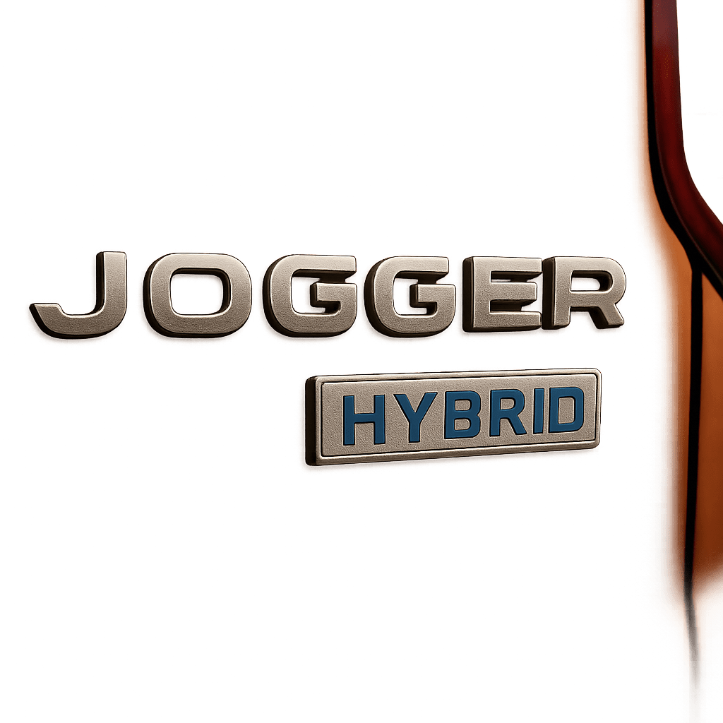 Detailaufnahme des Dacia Jogger Hybrid-Logos auf der Heckklappe