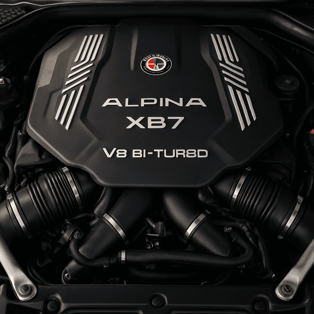 Detailaufnahme des leistungsstarken V8-Bi-Turbo-Motors des Alpina XB7
