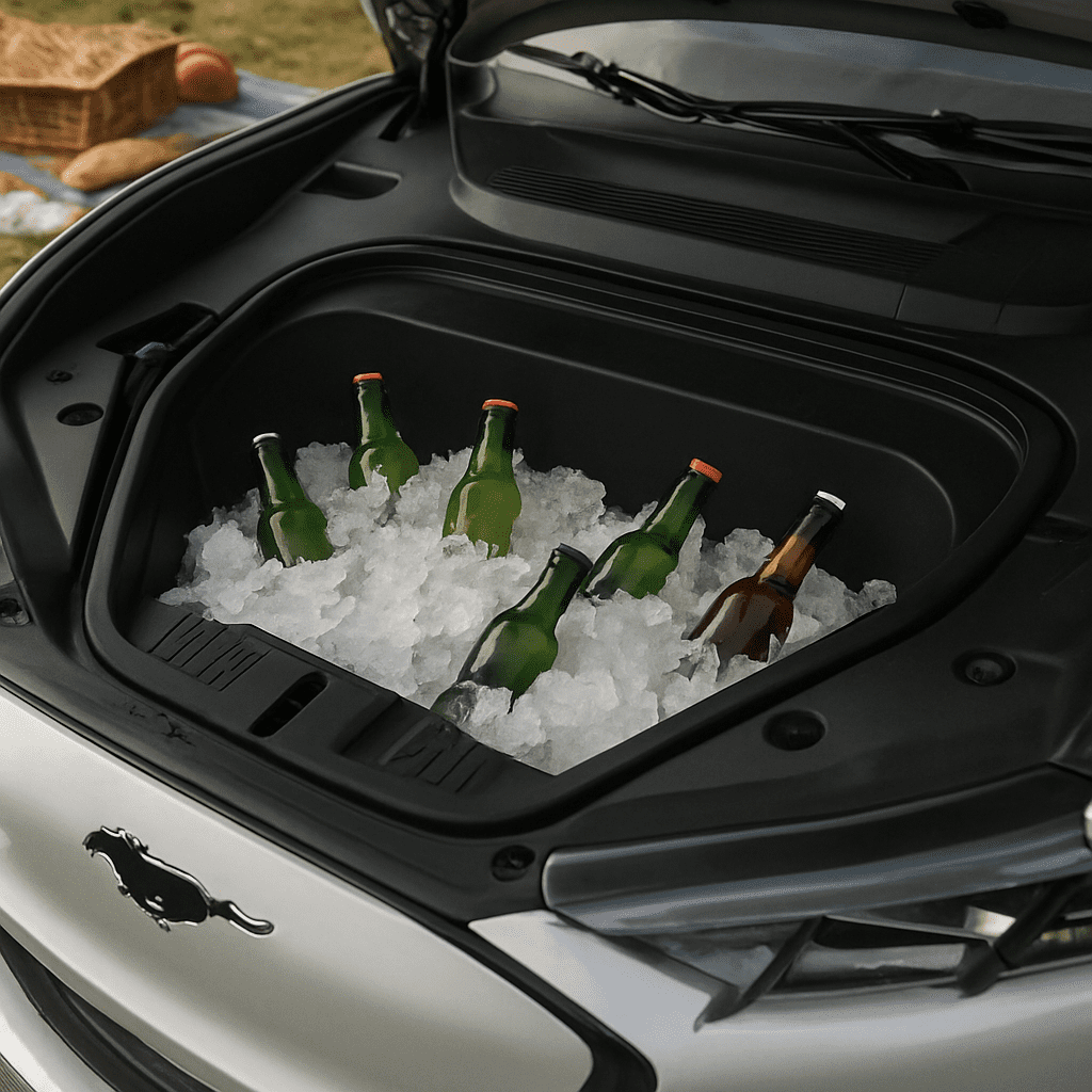 Geöffneter Frunk des Mustang Mach-E, gefüllt mit Eis und Getränkeflaschen bei einem Picknick