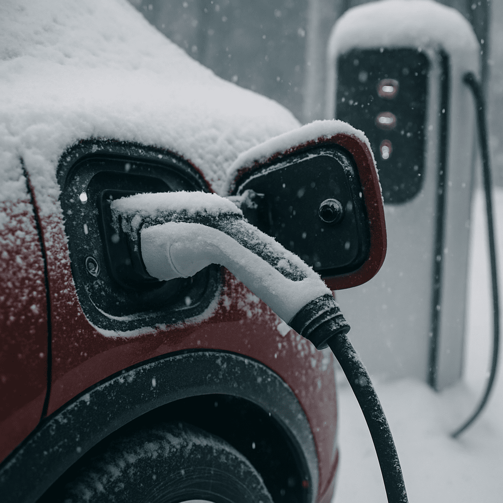 Nahaufnahme des Ladeanschlusses eines Mustang Mach-E an einer verschneiten Ladestation