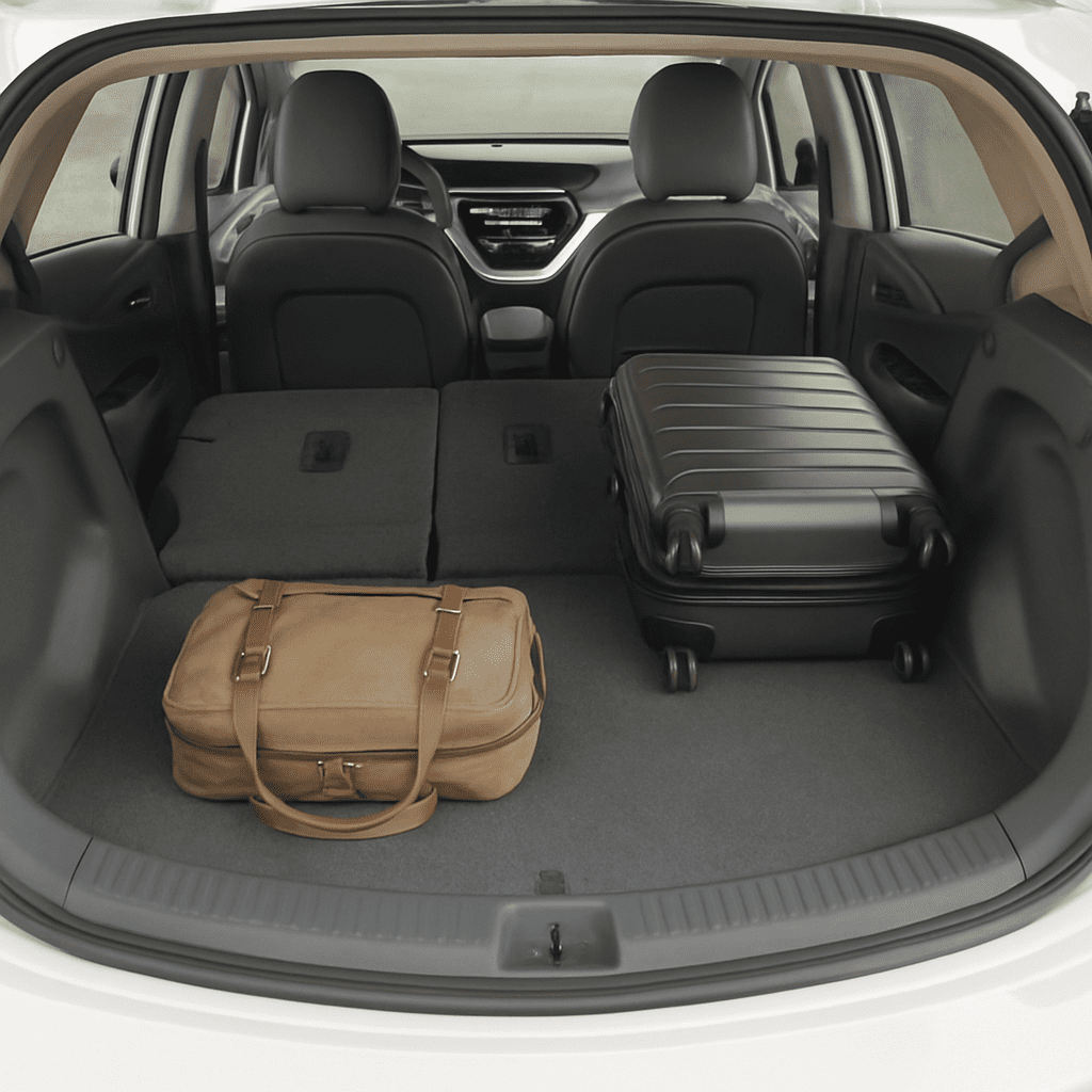 Der geräumige Kofferraum des Chevrolet Bolt EV mit umgeklappten Rücksitzen und verstautem Gepäck