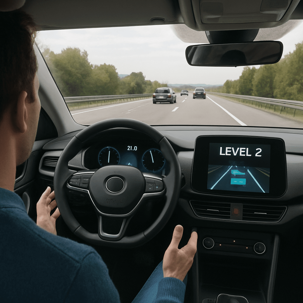 Fahrer nutzt die Level 2 autonomen Fahrerassistenzsysteme auf der Autobahn
