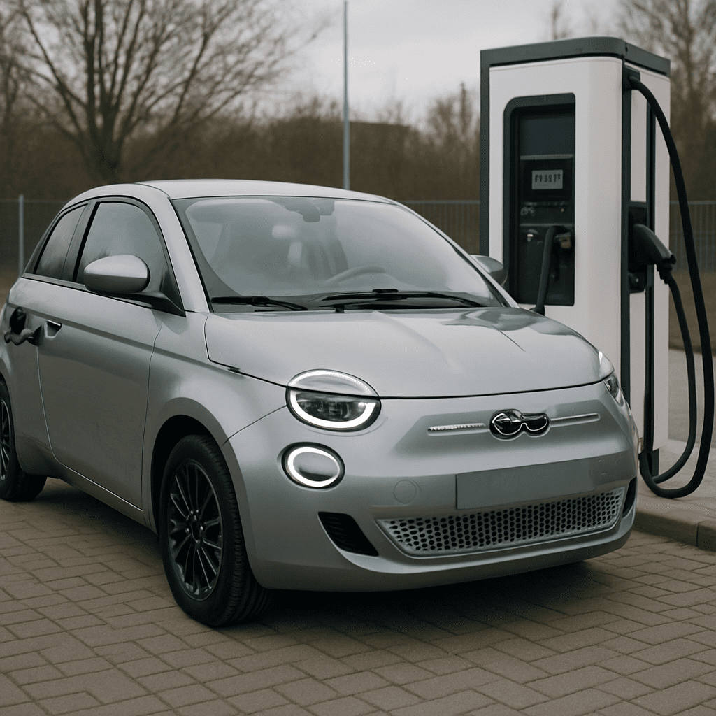 Ein Fiat 500e, der an einer modernen DC-Schnellladestation lädt