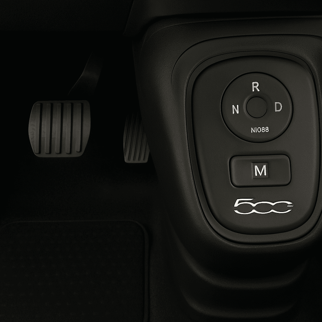 Nahaufnahme des Fahrpedals und der Fahrmodusschalter im Innenraum des Fiat 500e