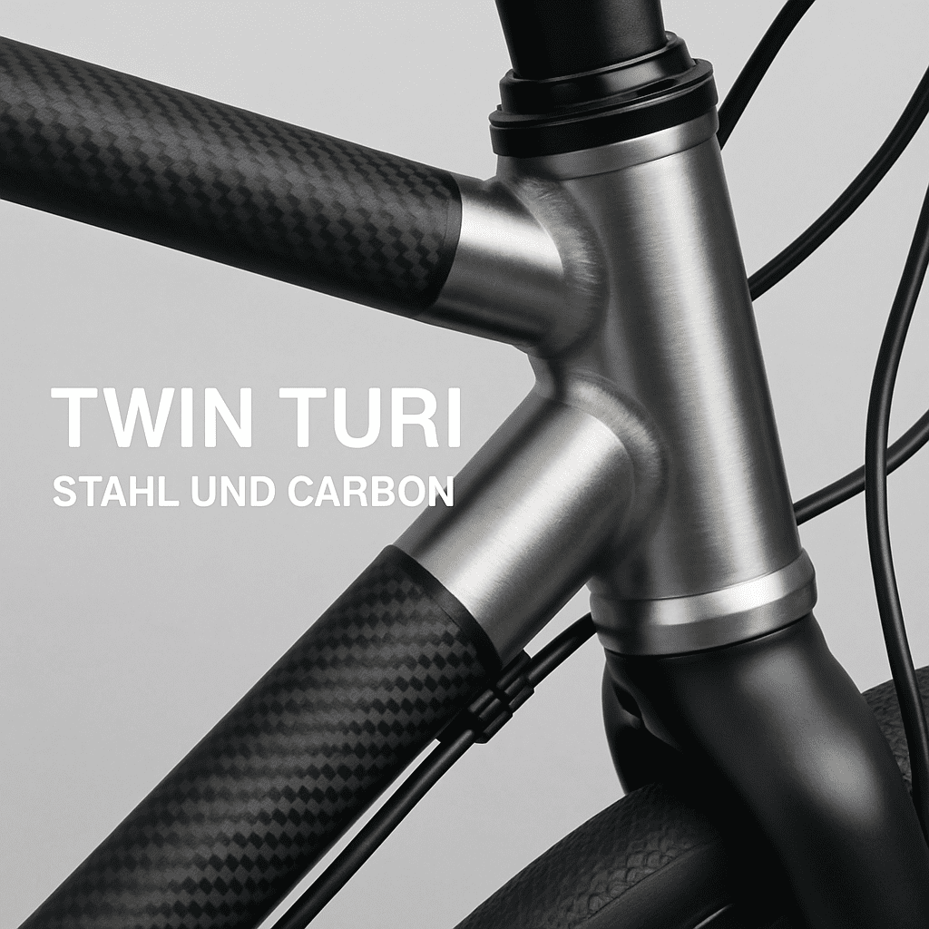 Detaillierte Ansicht des innovativen Twin Turi Rahmens aus Stahl und Carbon