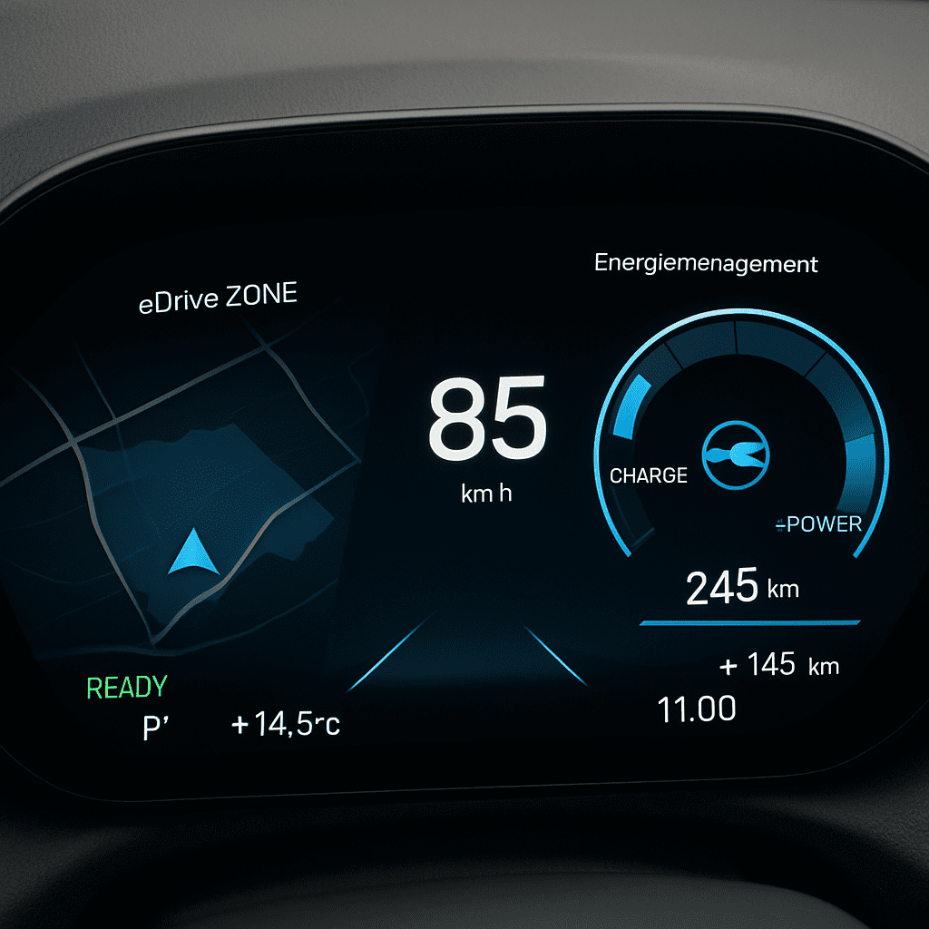 Detailaufnahme des digitalen BMW iDrive Cockpits, das die eDrive Zonen und Energiemanagement-Anzeigen darstellt