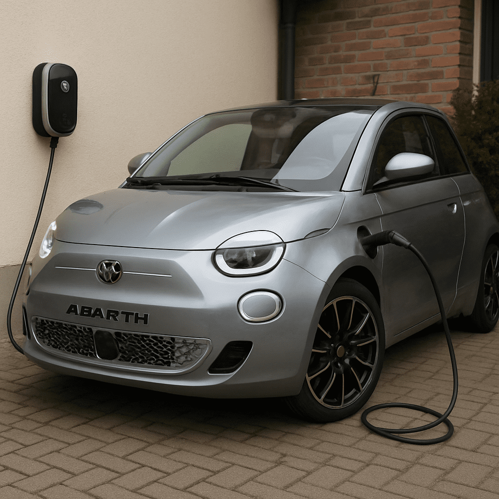 Ein Abarth 500e, der an einer heimischen Wallbox geladen wird