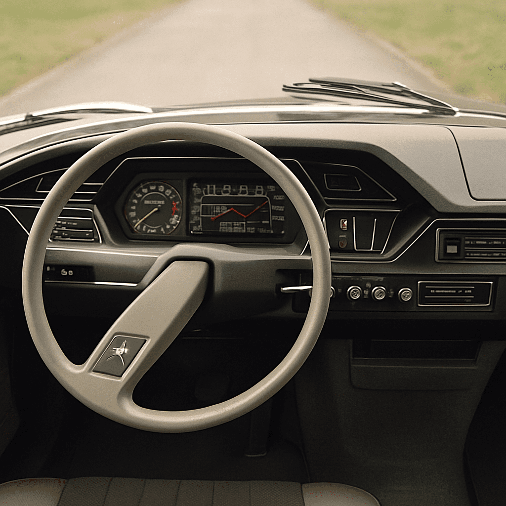 Blick auf das futuristische Armaturenbrett und das Einspeichenlenkrad des Citroën DS