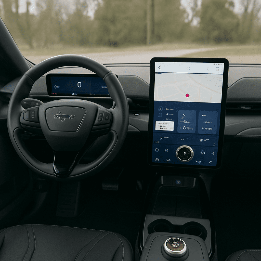 Innenraum des Mustang Mach-E mit Fokus auf das große 15,5-Zoll-Display und das Lenkrad