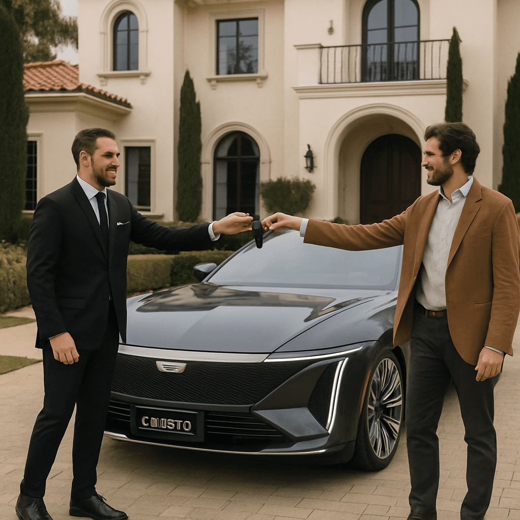 Ein Cadillac-Spezialist übergibt die Schlüssel des Celestiq an einen Kunden vor einer Luxusvilla