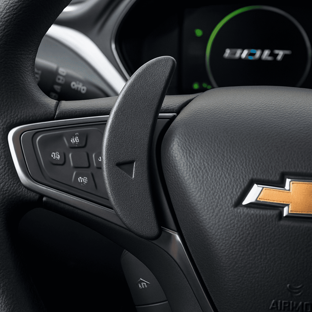Nahaufnahme des Lenkrads im Chevrolet Bolt mit Fokus auf das Regen-on-Demand Paddel