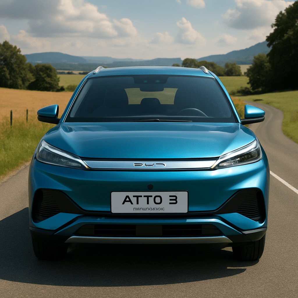 Vorderansicht des BYD Atto 3 Yuan Plus auf einer malerischen Landstraße