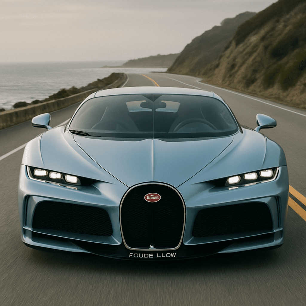 Frontansicht des neuen Bugatti Tourbillon auf einer Küstenstraße
